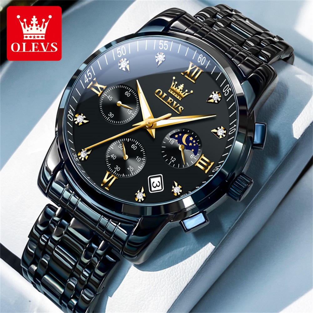 OLEVS 人気のメンズ腕時計ステンレススチールブラックムー - Analog Quartz Watch のレビューと価格