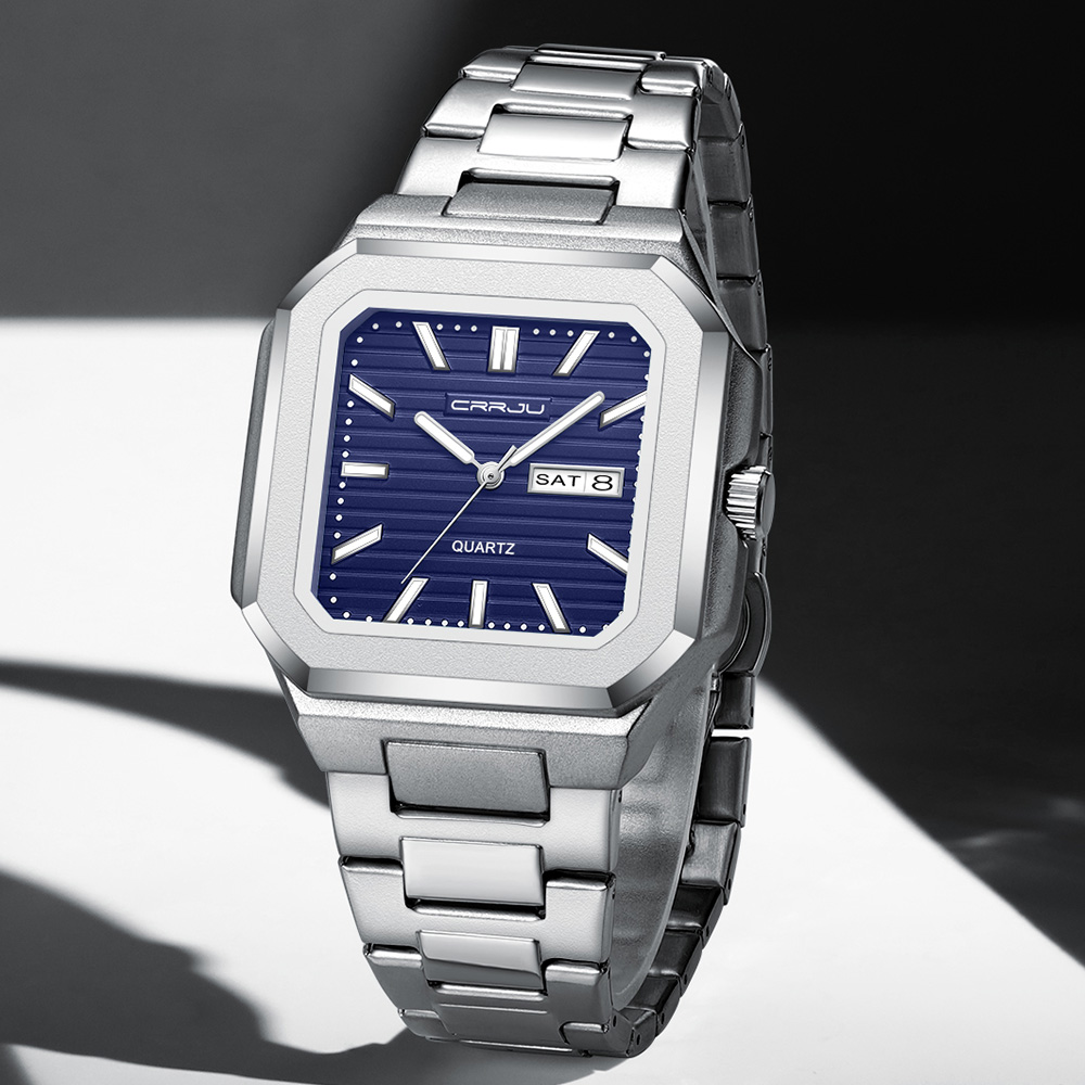 CRRJU メンズカジュアルステンレススチール腕時計、曜日と - Smartwatch Square Watches For Men のレビューと価格