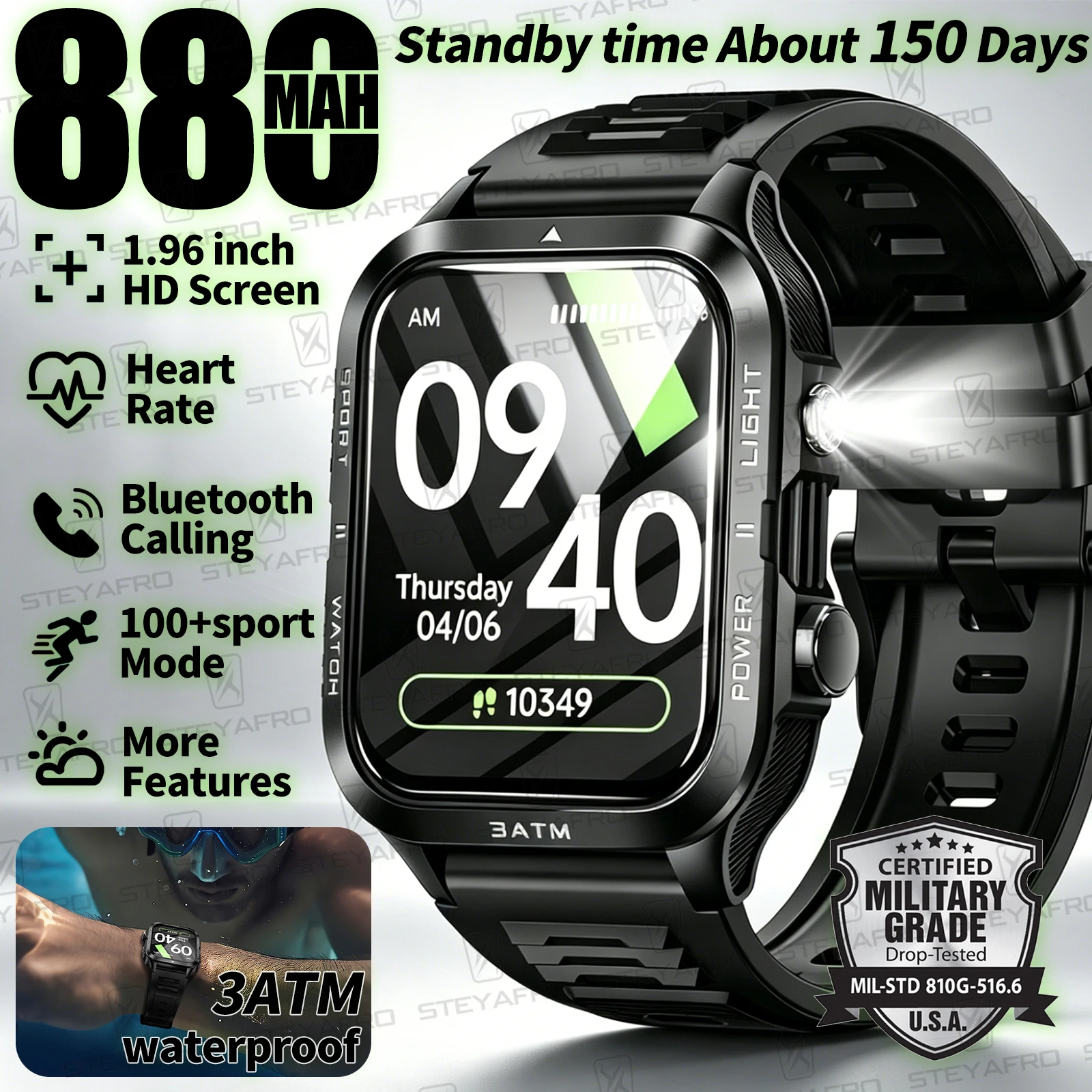 軍用グレードのスマートウォッチ メンズ LED懐中電灯 防水 - Smartwatch Square Watches For Men のレビューと価格
