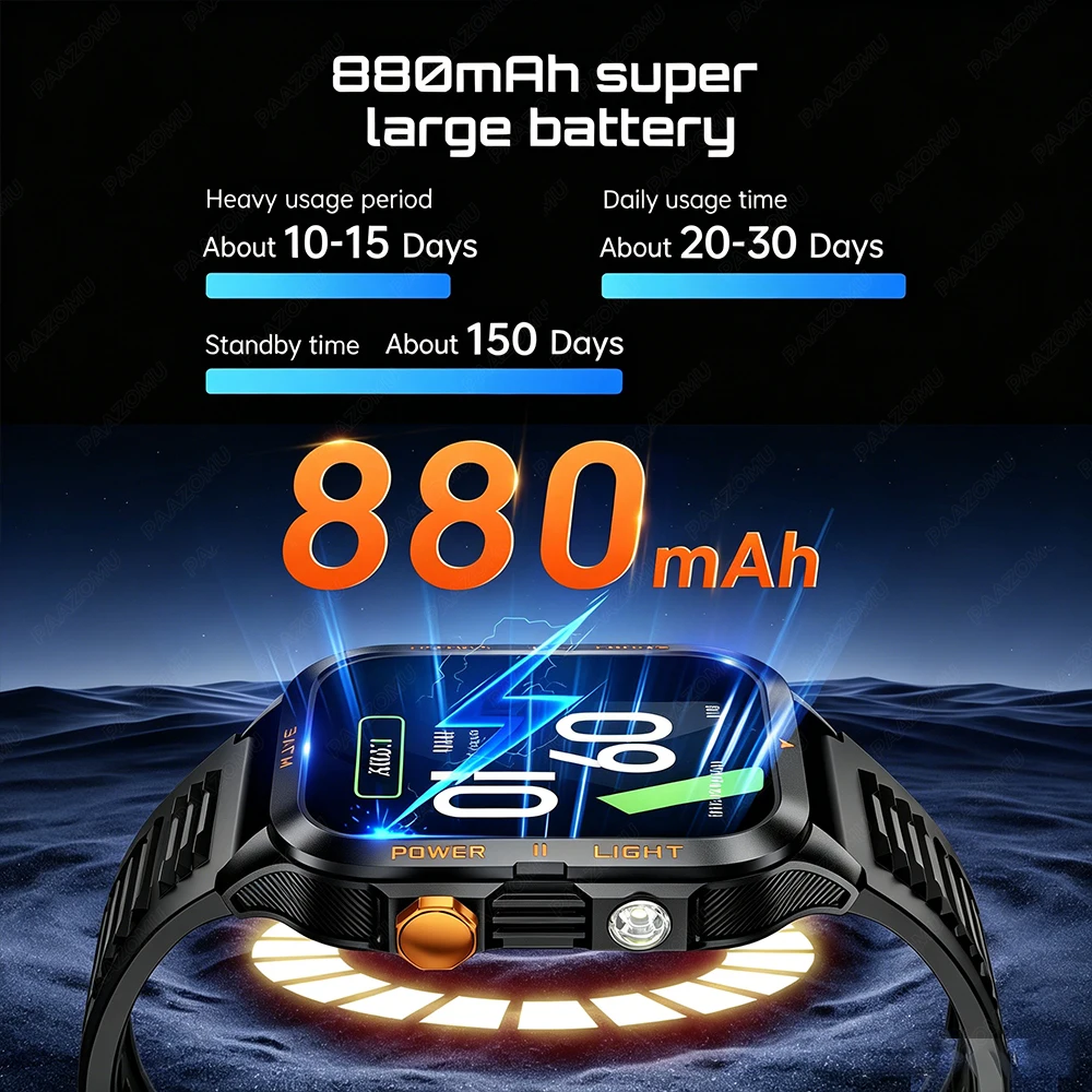 軍用グレードのスマートウォッチ メンズ LED懐中電灯 防水 - Smartwatch Square Watches For Men のレビューと価格